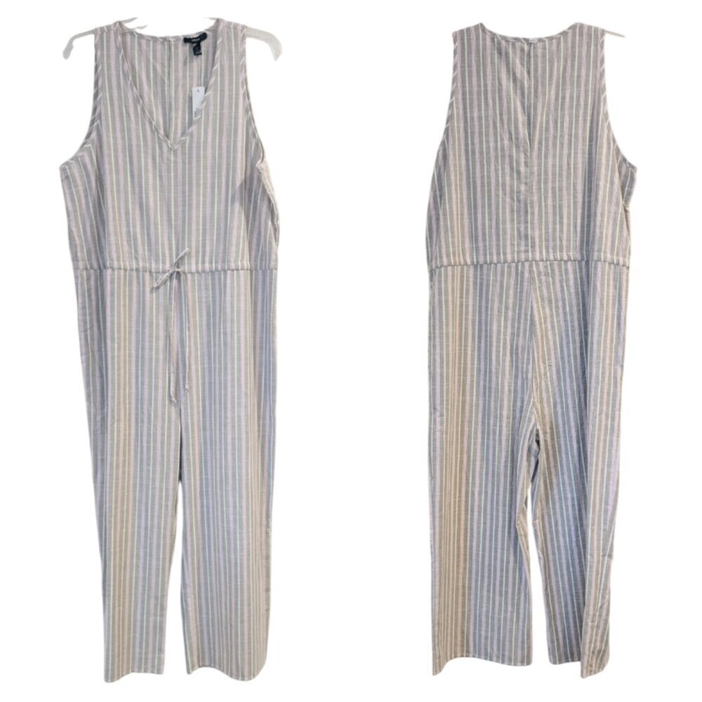 DREW Nwt Striped Cotton Jumpsuit L Tan Pink White Sleeveless Crop Anthropologie